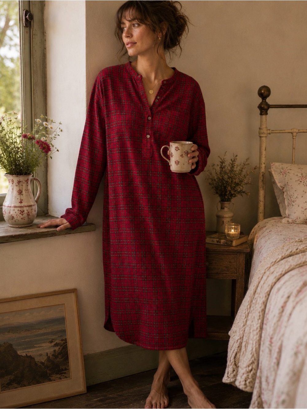 Lee Valley Ireland 100% Cotton Red Plaid Henley - Long Sleeve nightshirt